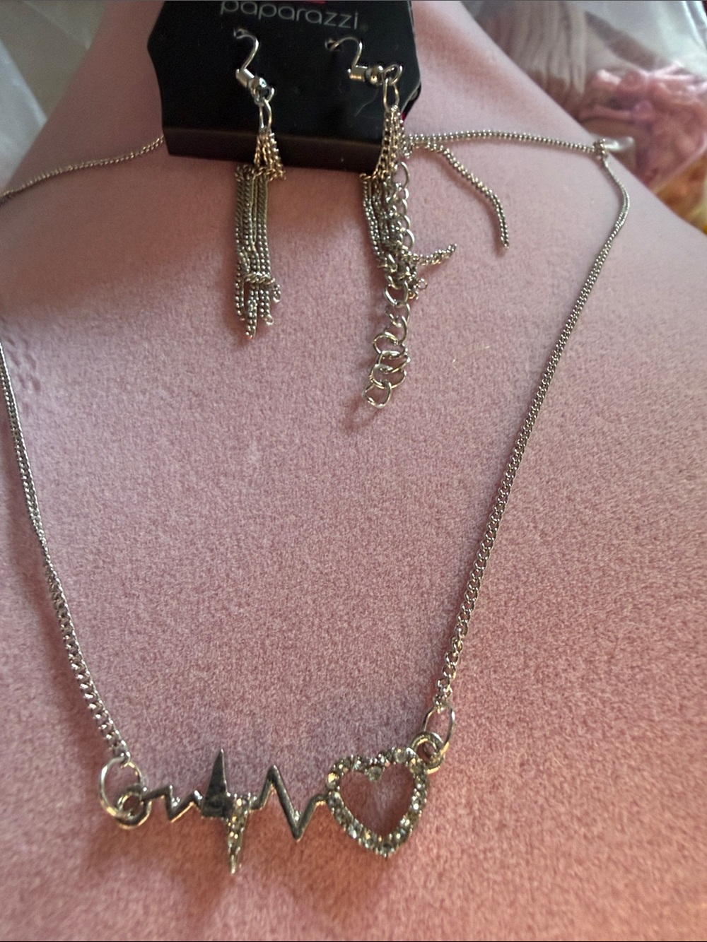 paparazzi Silver-Tone Heartbeat and Clear Crystal Heart Necklace,(J0185)